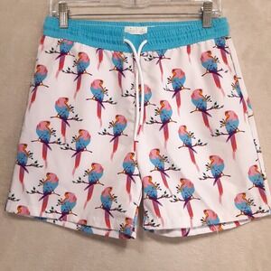 Public Record Mens Drawstring Swim Shorts Sz.S/Pink-Blue/Parakeet Bird Print